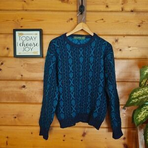 Hill & Archer 1604 Vintage 80s Wool Blend Fisherman Sweater Blue Speckled Size M